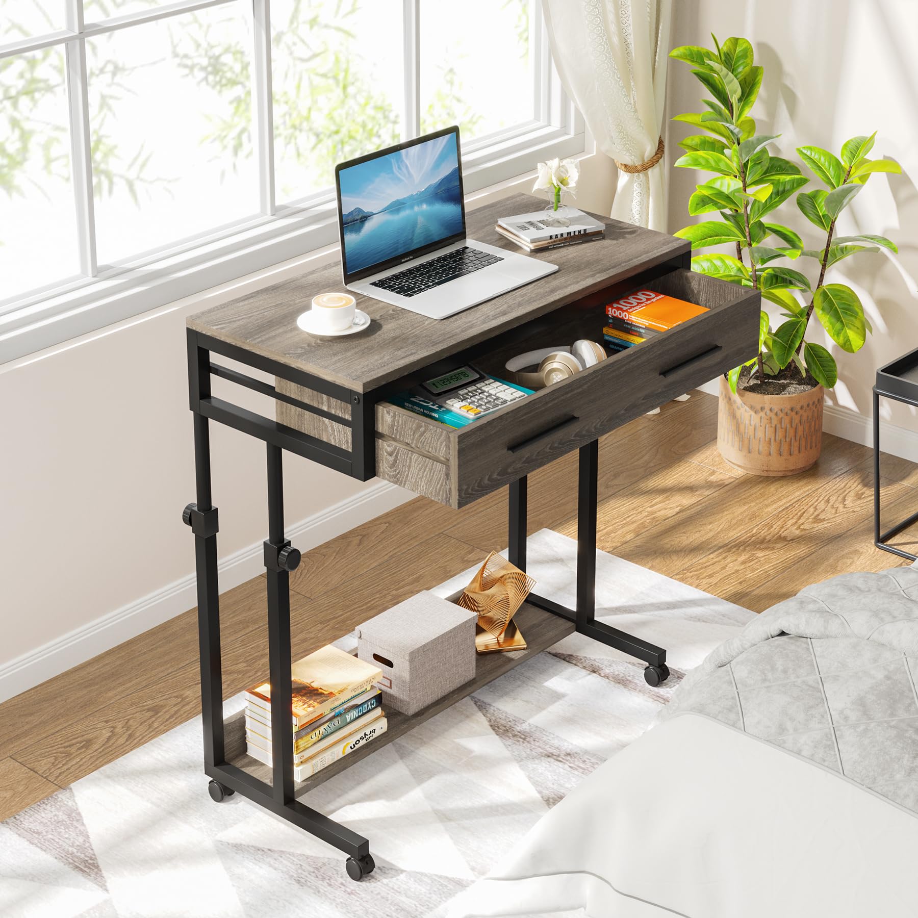 Tribesigns Portable Desk with Drawers Mobile Laptop Desk with Wheels Couch Desk Sofa Side Table Bed Desk Small Standing Desk for Home Office (Retro Grey)…